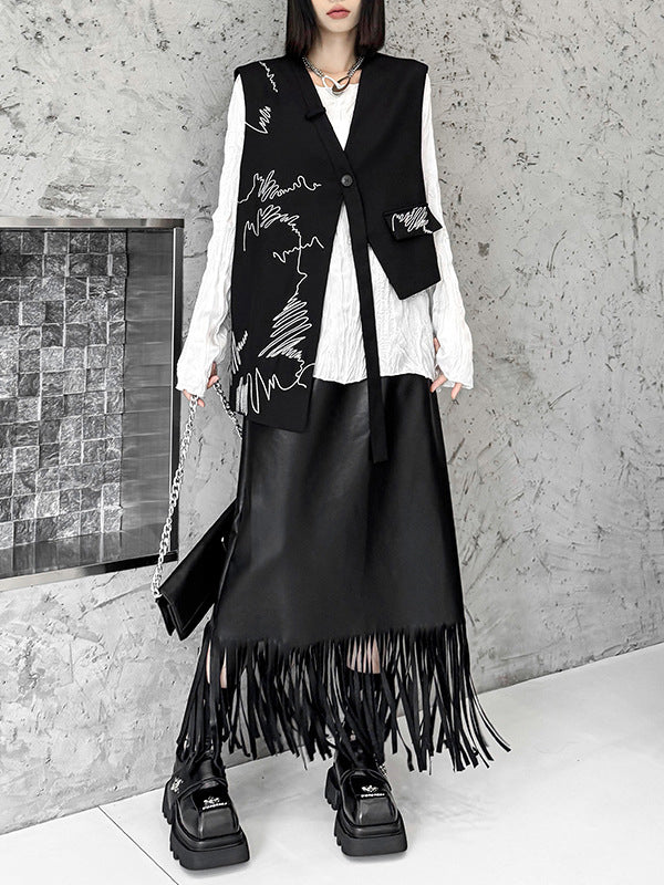 Asymmetric Buttoned Embroidered Sleeveless V-Neck Vest Top
