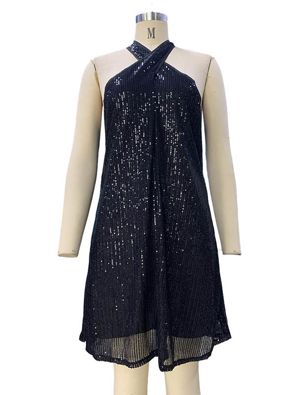 Hollow Sequined Solid Color A-Line Loose Halter-Neck Mini Dresses