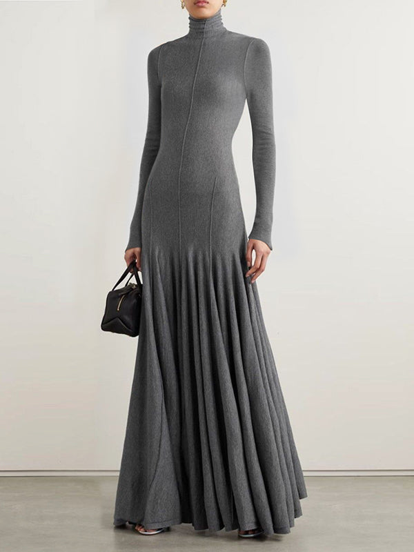 Solid Color Long Sleeves Skinny High Neck Maxi Dresses