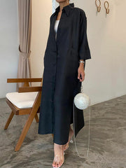 Buttoned Pockets Solid Color Split-Side Long Sleeves Loose Lapel Shirt Dress Maxi Dresses