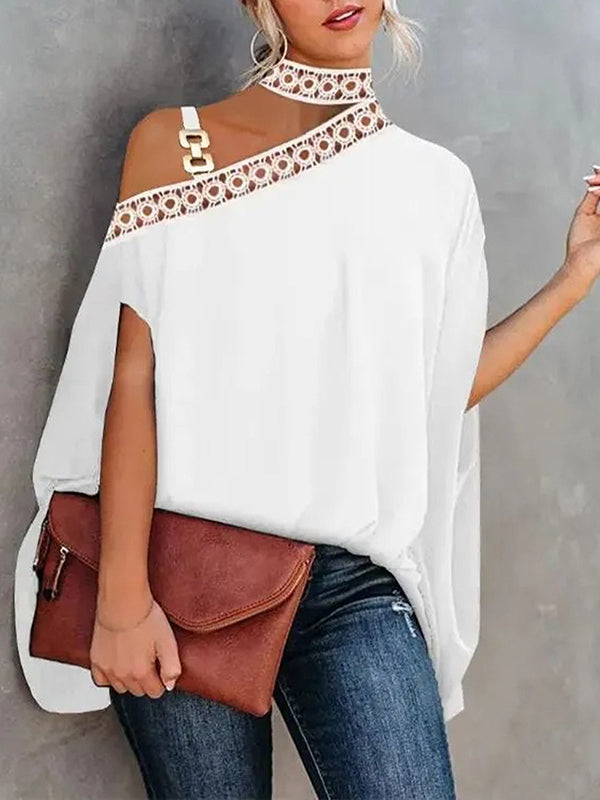 Asymmetric Chains Hollow Split-Joint Batwing Sleeves Loose One-shoulder Blouses&shirts Tops