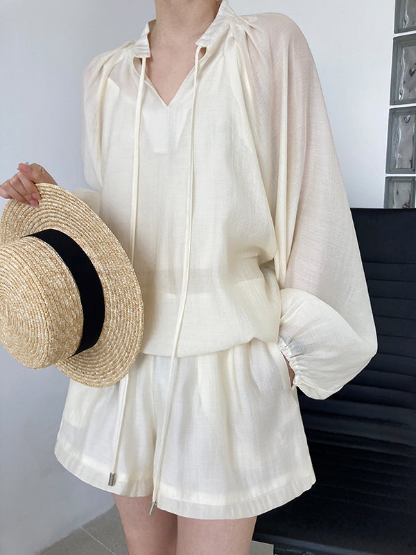 Casual Loose Solid Color Puff Sleeves Blouse&Wide Leg Shorts Two Pieces Set