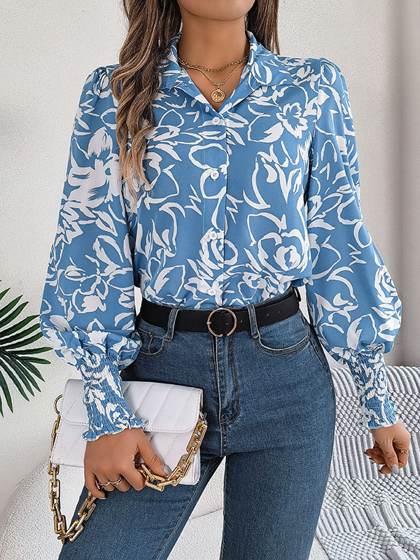 Buttoned Contrast Color Elasticity Flower Print Long Sleeves Loose Lapel Blouses&shirts Tops