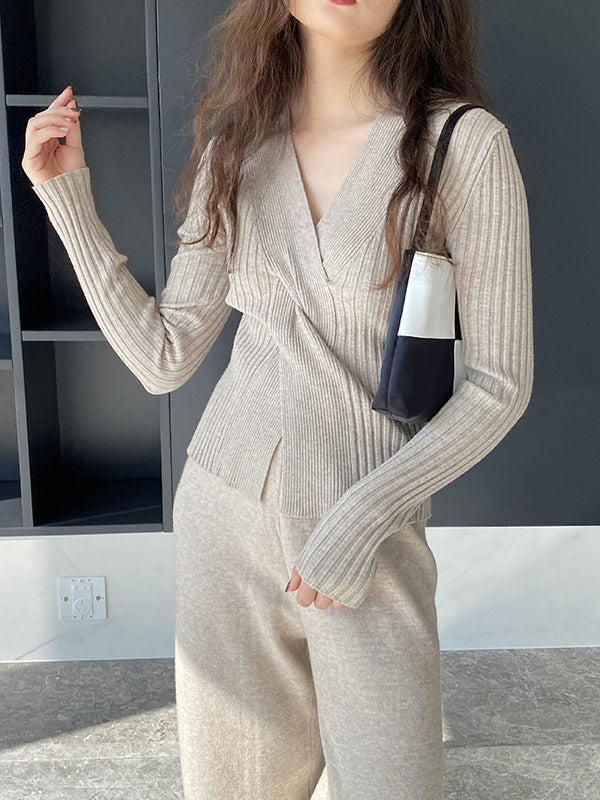 Knot Solid Color Long Sleeves Loose V-Neck Sweater Tops Pullovers