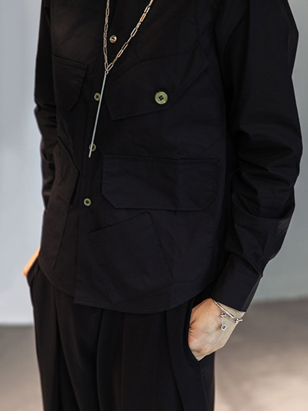 Simple Black Lapel Pockets Blouse