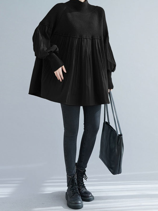 Pleated Split-Joint Long Sleeves Loose High Neck Sweater Tops