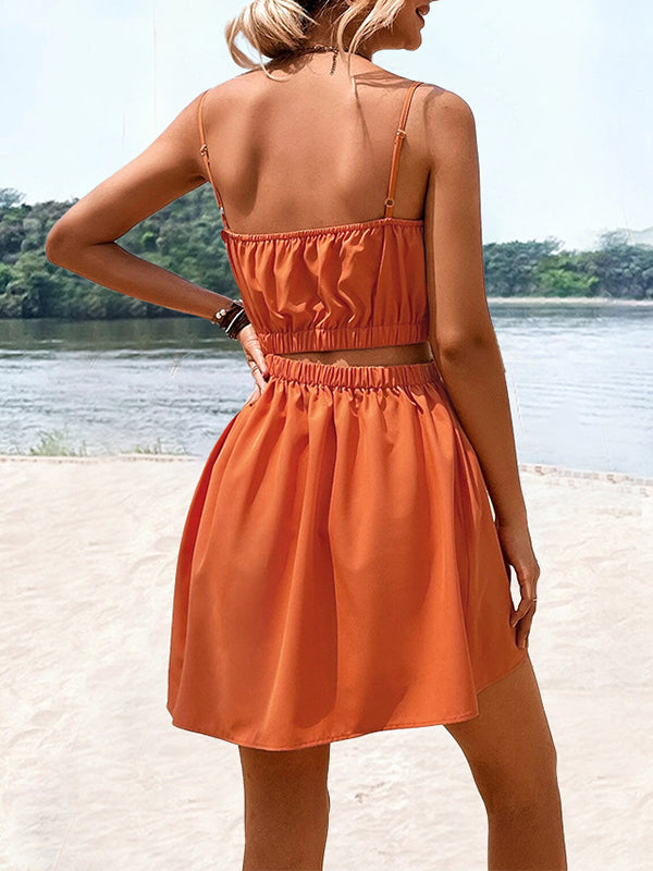 Elasticity Hollow Solid Color Split-Joint A-Line Loose Spaghetti-Neck Mini Dresses