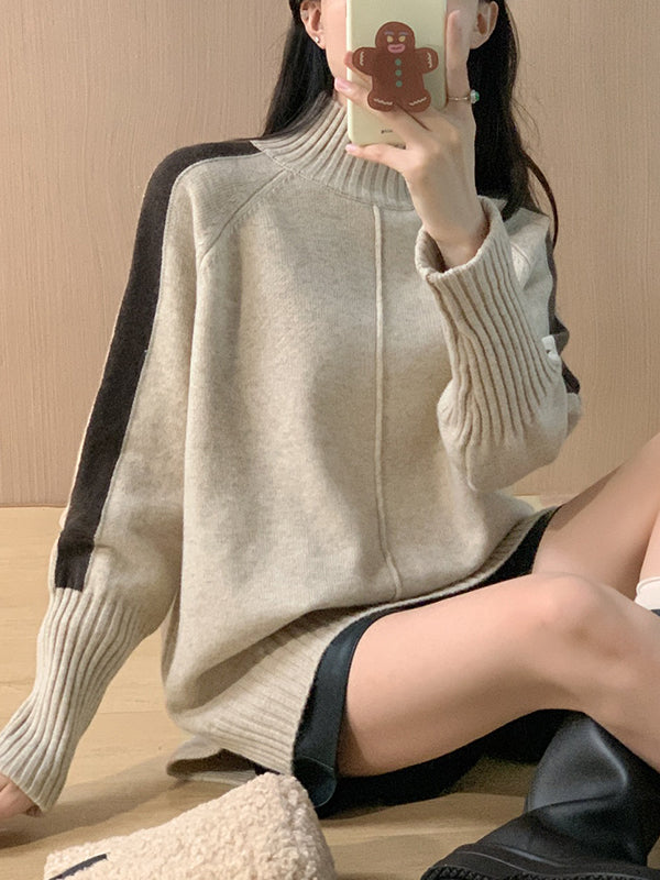 Contrast Color Split-Joint Split-Side High-Low Long Sleeves High Neck Sweater Tops Pullovers