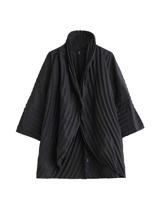 Stand Collar Long Sleeves Loose Buttoned Pleated Solid Color Shirts Top + Pants Bottom Two Pieces Set