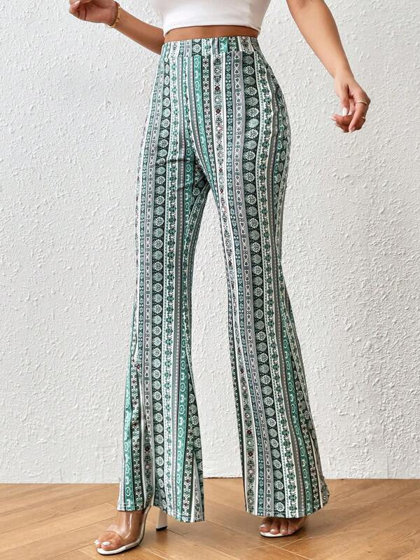 Elasticity Printed Split-Joint High Waisted Skinny Pants Flared Trousers