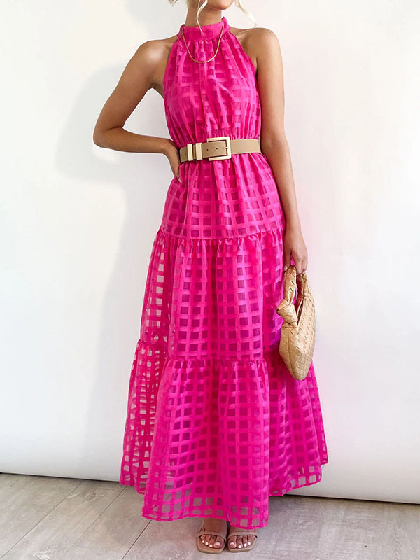 Plaid Ribbed Loose Sleeveless Stand Collar Maxi Dresses