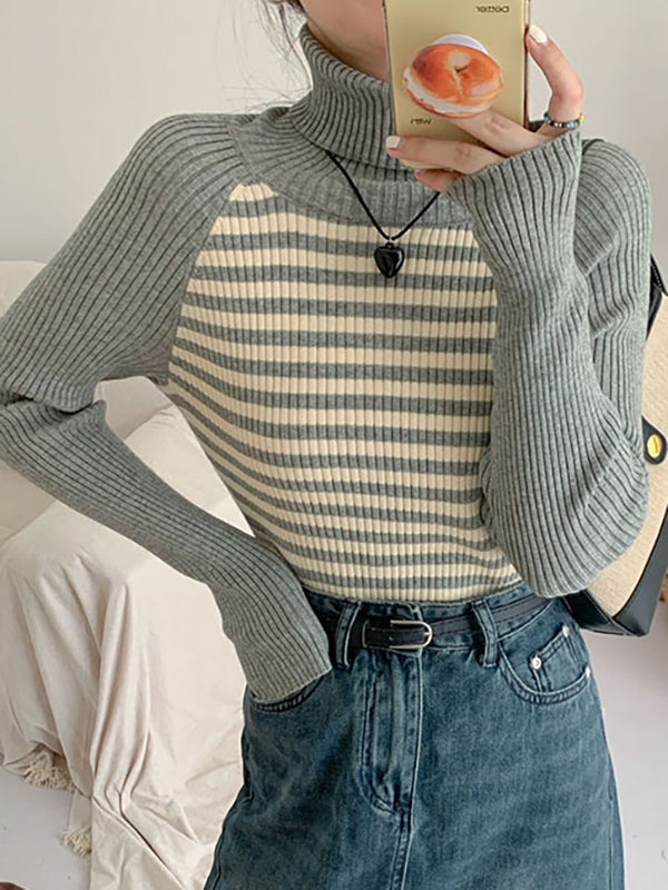 Contrast Color Striped Long Sleeves Skinny High Neck Sweater Tops Pullovers