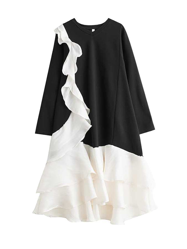 Contrast Color Pockets Ruffle Trim Split-Joint A-Line Long Sleeves V-Neck Midi Dresses