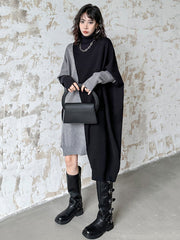Asymmetric Contrast Color Split-Joint Batwing Sleeves Hipster High-neck Sweater Dresses Midi Dresses