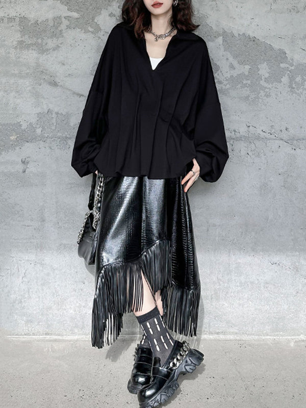 Pleated Solid Color Batwing Sleeves Long Sleeves Deep V-Neck Blouses&Shirts Tops