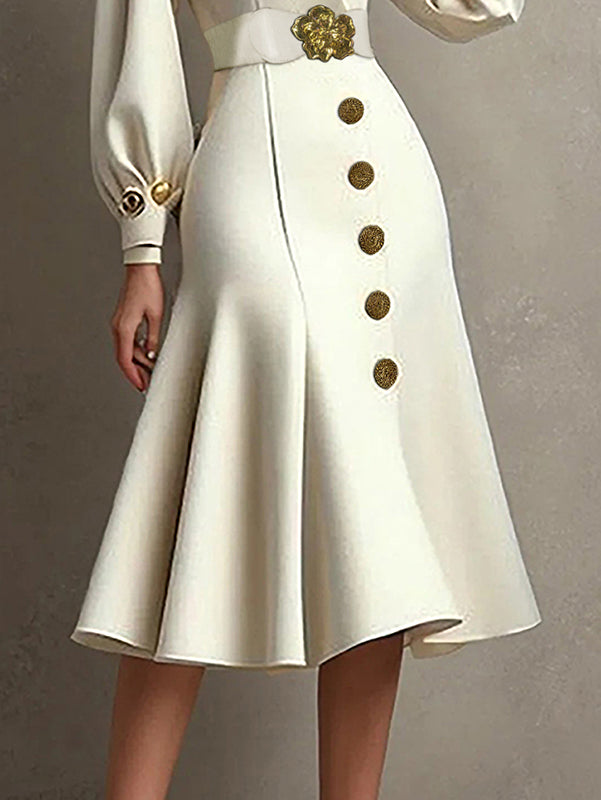 Pleated Split-Joint Tied Waist Loose Puff Sleeves V-Neck Midi Dresses