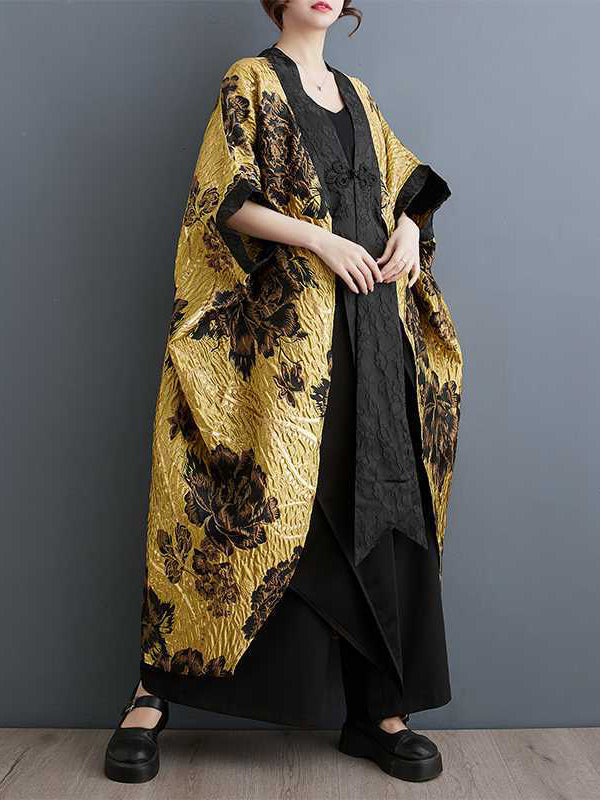Flower-Embellished Chinese Frog Buttons Pleated Split-Joint Batwing Sleeves Loose V-Neck Outerwear