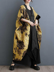 Flower-Embellished Chinese Frog Buttons Pleated Split-Joint Batwing Sleeves Loose V-Neck Outerwear