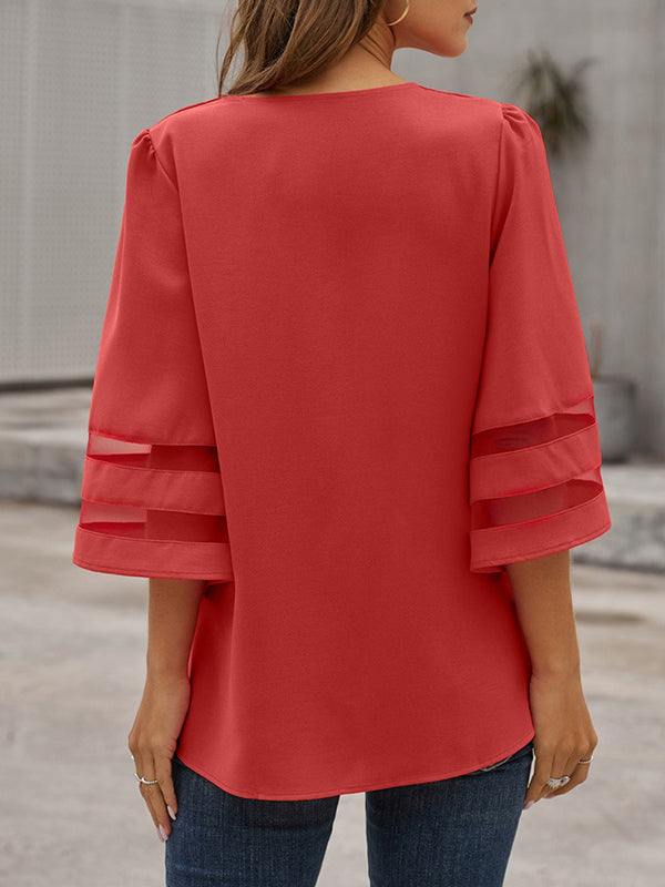 Solid Color Split-Joint Loose V-Neck T-Shirts Tops