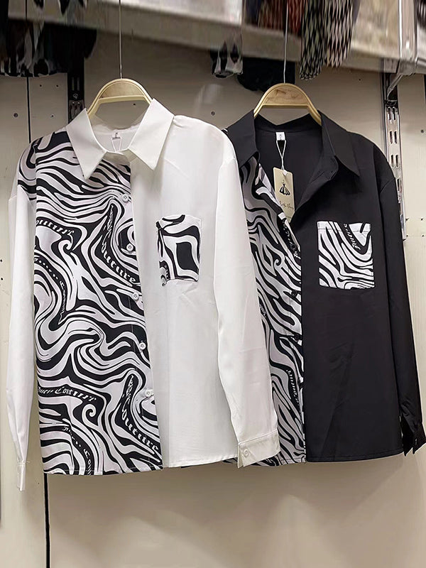 Asymmetric Buttoned Zebra-Stripe Long Sleeves Loose Lapel Blouses&Shirts Tops