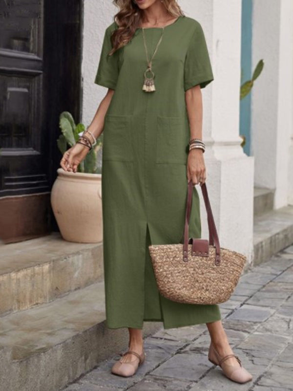 Pockets Solid Color Split-front High Waisted Loose Round-neck Midi Dresses