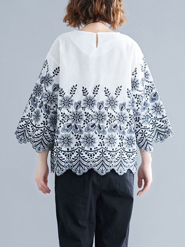 Hollow Print Loose Three-quarter Sleeves Round-neck Blouses&shirts Tops