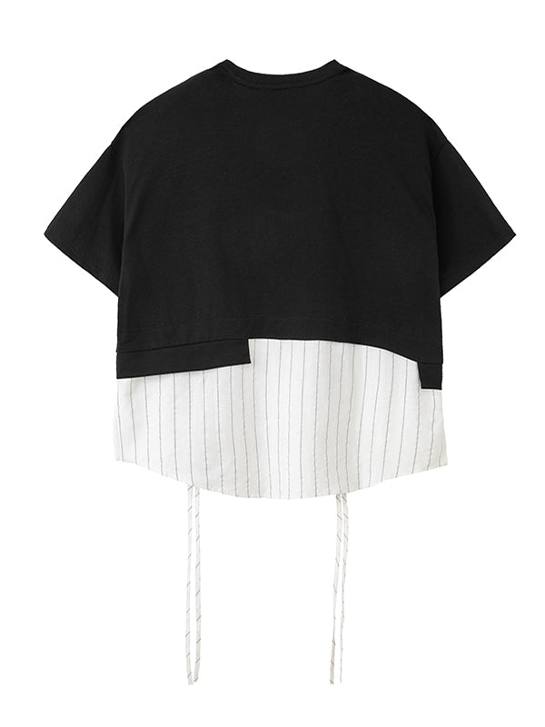 Urban Striped Drawstring Split-Joint False Two Split-Joint T-Shirt