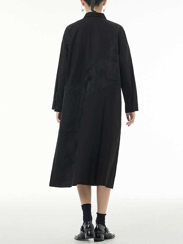 Asymmetric Buttoned Printed A-line Long Sleeves Lapel Shirt Dress Midi Dresses