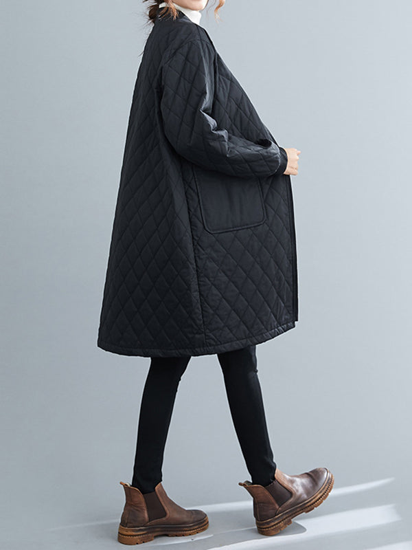 Pockets Quilted Solid Color Zipper Long Sleeves Loose Stand Collar Padded Coat