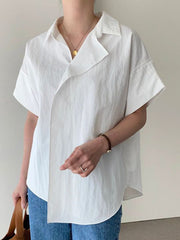 Asymmetric Solid Color Split-Joint Loose Short Sleeves Lapel Blouses&Shirts Tops
