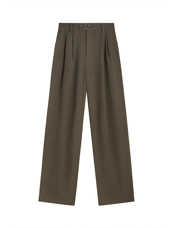 Buttoned Pleated Pockets Solid Color High Waisted Loose Suit Pants