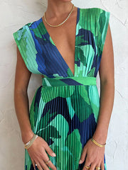 Pleated Printed Split-Joint Loose Sleeveless Deep V-Neck Maxi Dresses Evening Dresses