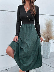 Asymmetric Buttoned Leopard Split-Joint High Waisted Long Sleeves V-Neck Midi Dresses
