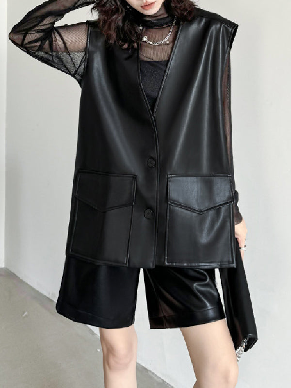 Buttoned Pockets Solid Color Loose Sleeveless V-neck Vest Outerwear