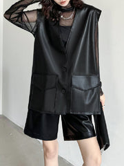 Buttoned Pockets Solid Color Loose Sleeveless V-neck Vest Outerwear