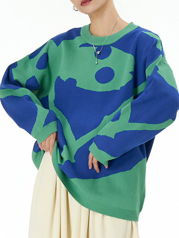 Contrast Color Velvet Long Sleeves Loose Round-Neck Sweater Tops Pullovers