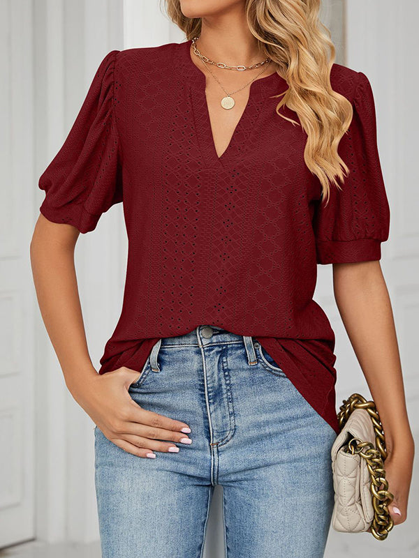 Hollow Solid Color Bishop Sleeve Loose V-neck T-Shirts Tops