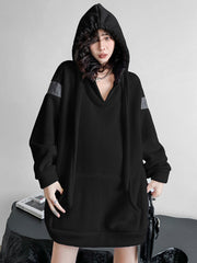Contrast Color Drawstring Pockets Velvet Long Sleeves Loose Hoodies Tops