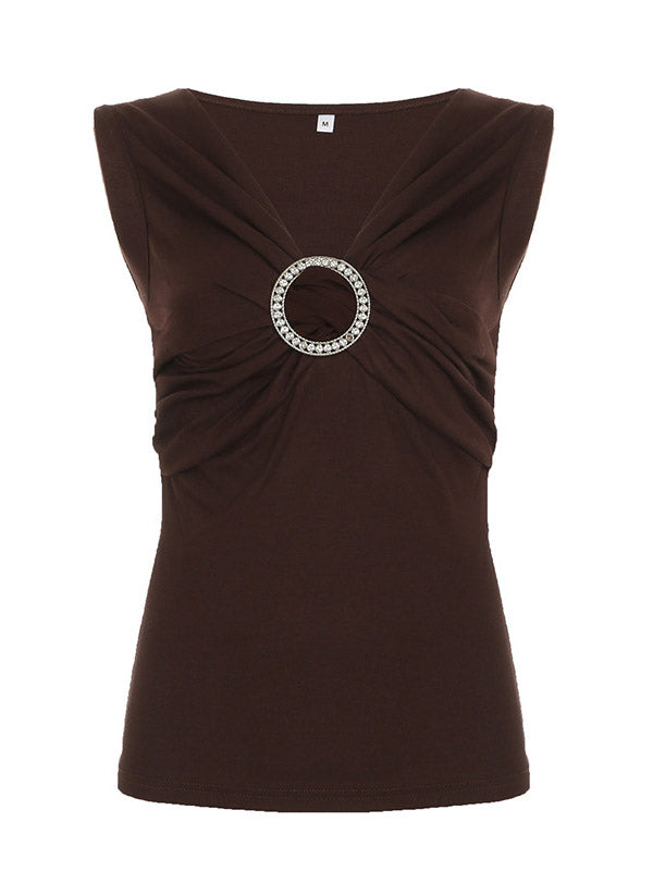 Pleated Solid Color Sleeveless V-Neck Vest Top