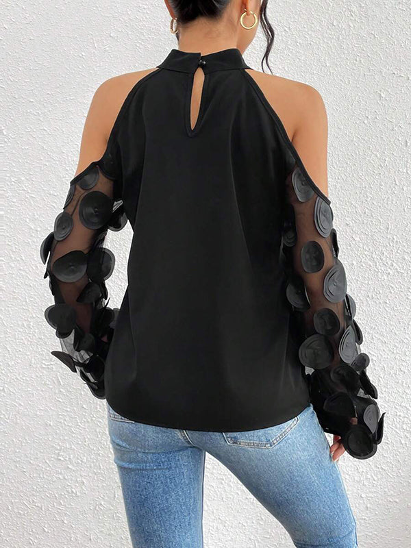See-Through Solid Color Split-Joint Loose Puff Sleeves Cold shoulder Blouses