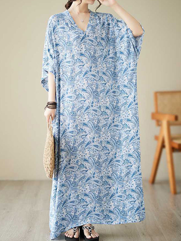 Printed Batwing Sleeves Loose V-Neck Maxi Dresses