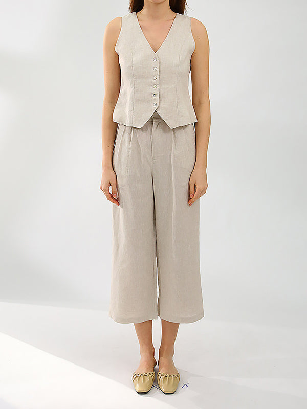 Solid Color Buttoned Deep V-Neck Sleeveless  Vest Top + Pleated Straight Leg Pants Bottom Two Pieces Set