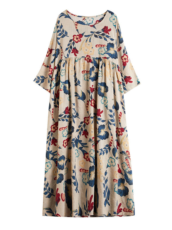 Casual Floral Printed Split-Joint Round-Neck Flared Batwing Sleeves Loose Maxi Dress