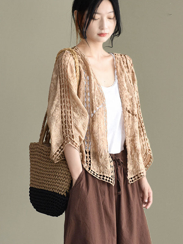 Seven-Quarter Sleeves Crochet Hollow Solid Color Outerwear