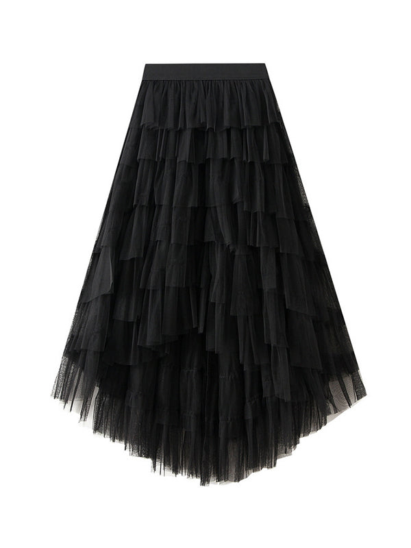 Contrast Color Elasticity Gauze Gradient Pleated Split-Joint Tiered A-Line High-Low Skirts