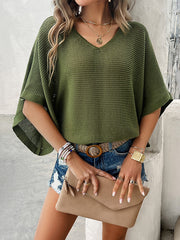 Hollow See-Through Solid Color Batwing Sleeves Half Sleeves V-Neck Sweater Tops