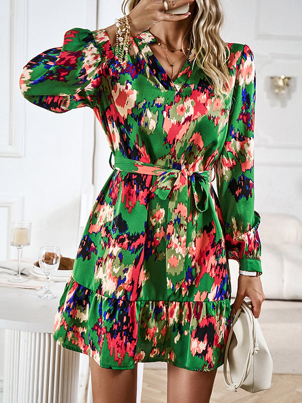 Printed Split-Joint Tied Waist Long Sleeves Loose V-Neck Mini Dresses