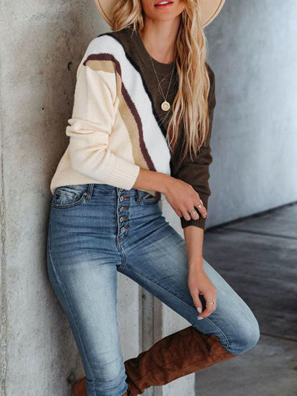 Contrast Color Striped Long Sleeves Round-Neck Sweater Tops Pullovers