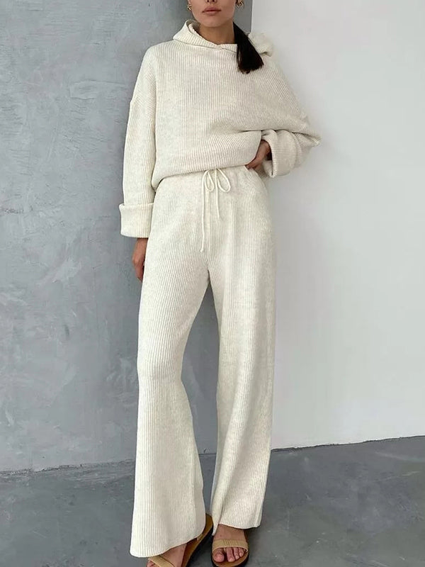 Solid Color Loose Round-Neck Hooded Long Sleeves Sweater Top + Drawstring Pants Bottom Two Pieces Set