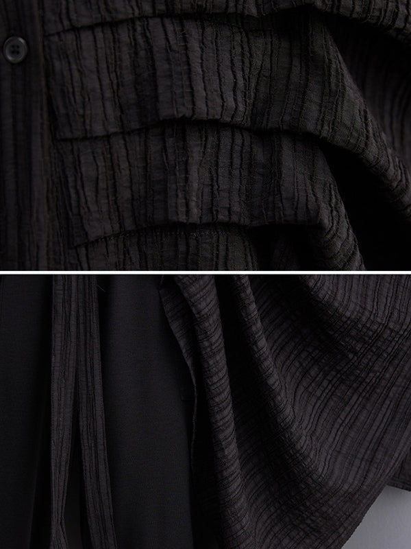Pleated Solid Color Cropped Long Sleeves Lapel Blouses&shirts Tops